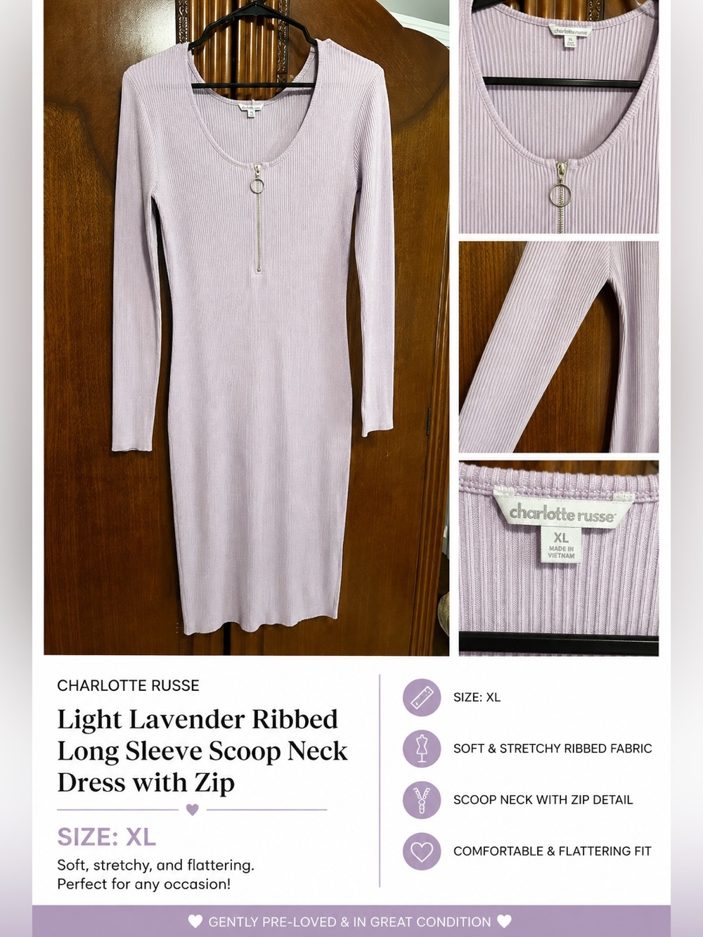 Charlotte Russe Light Lavender Ribbed Long Sleeve Scoop Neck Dress with Zip
